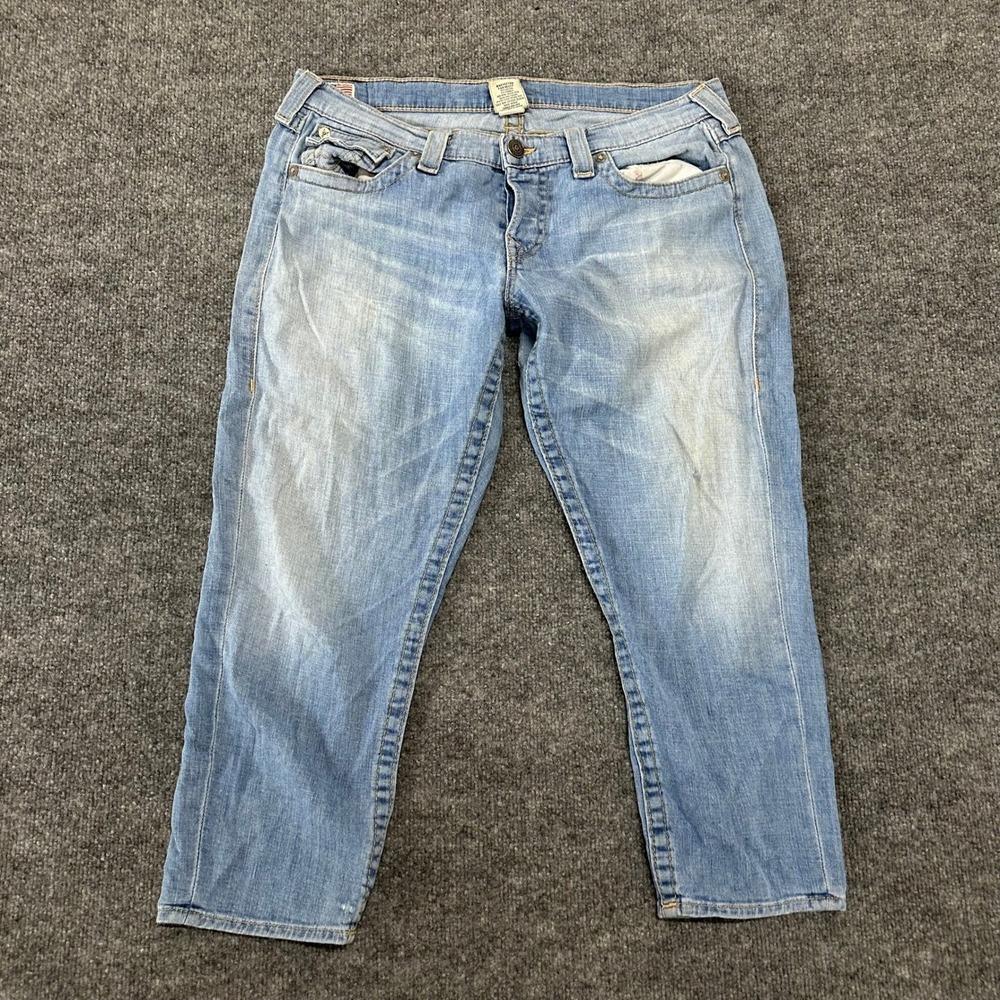True Religion Jeans Womens Size 32 Blue Light Wash Low Rise Flap Pocket USA Made
